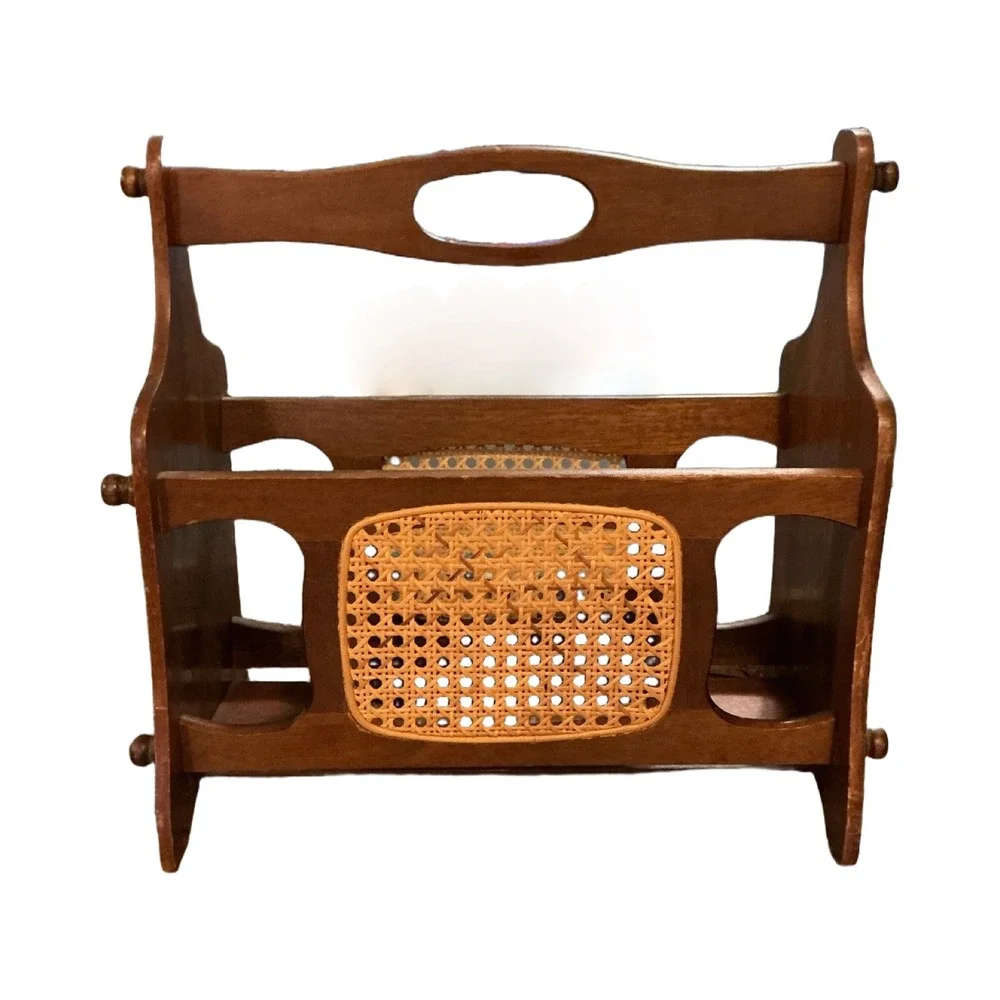 Vintage Wood Magazine Rack Mid Century Modern Cane Inset Floor Caddy Brown